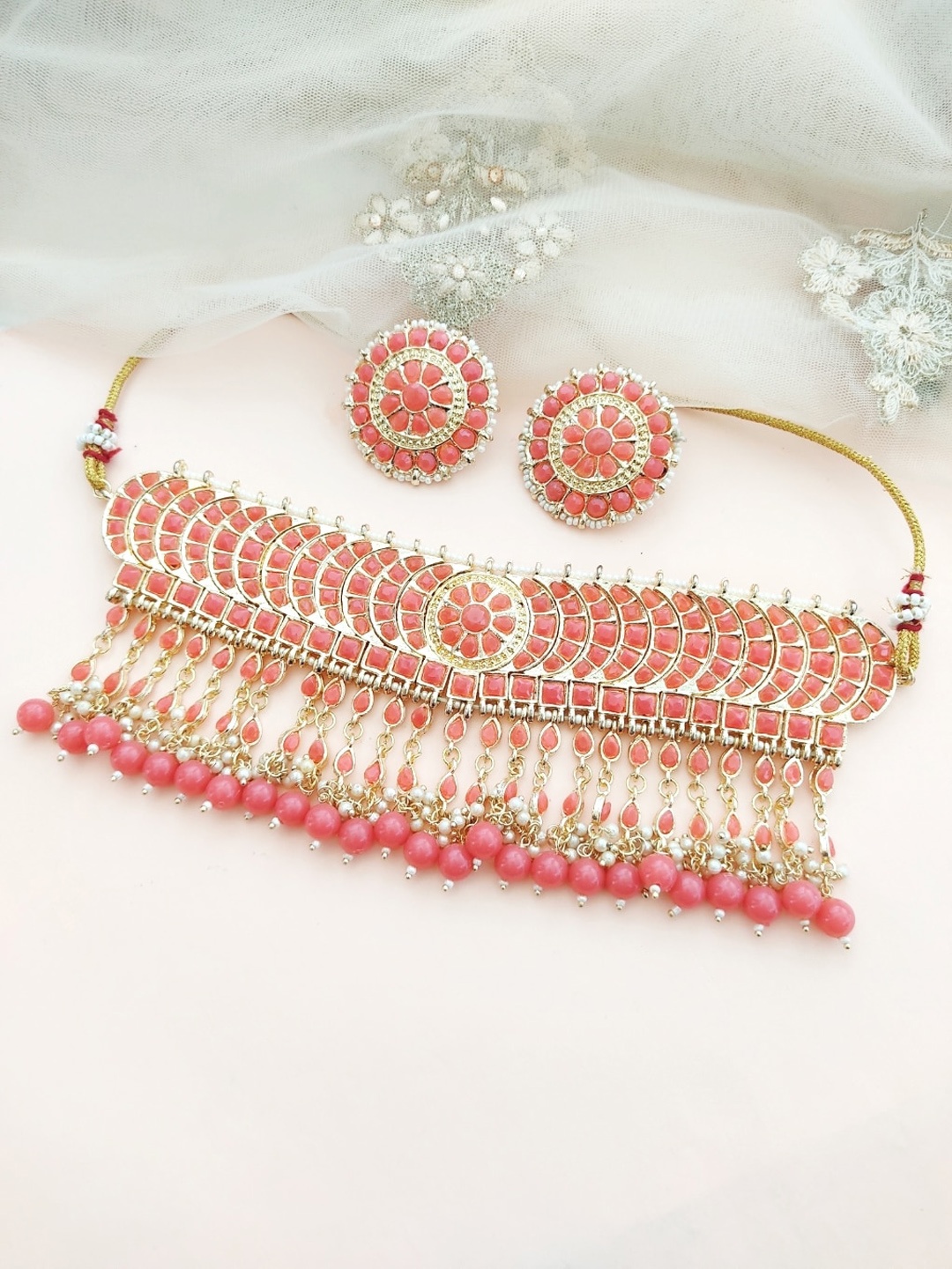 

Pihtara Jewels Gold-Plated Stone-Studded & Beaded Jewellery Set