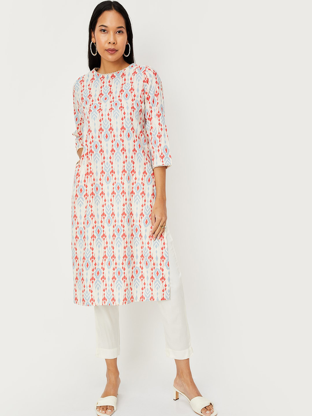 

max Ethnic Motifs Printed Regular Kurta With Trousers, Off white