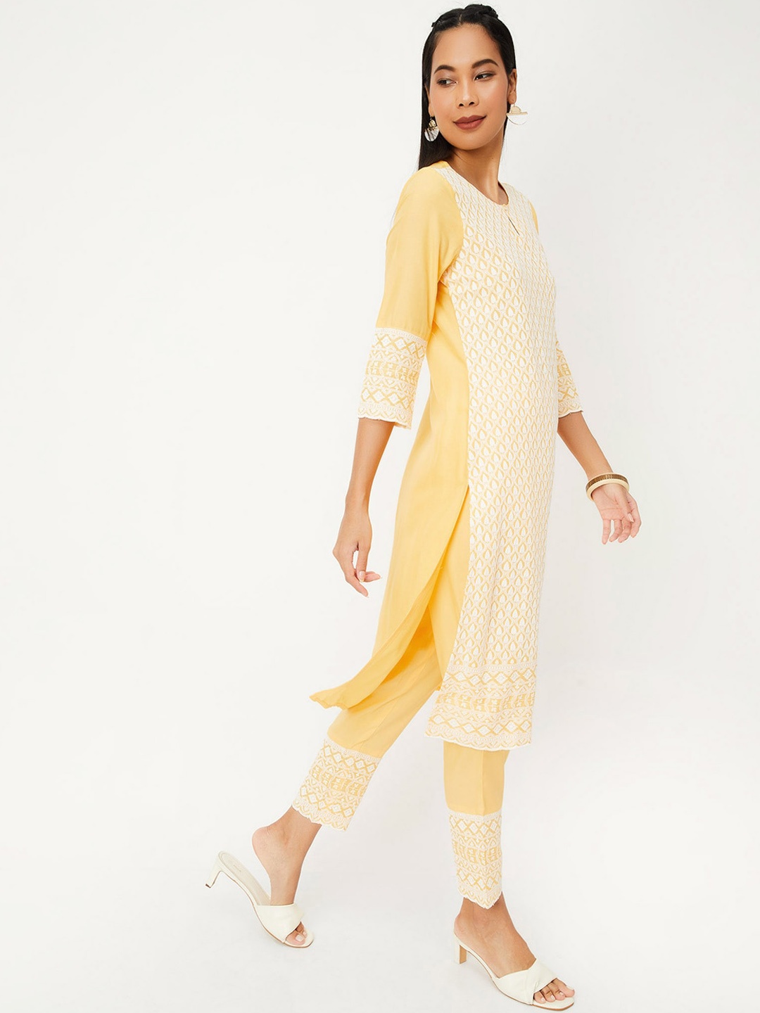 

max Floral Embroidered Regular Thread Work Kurta With Trousers, Yellow