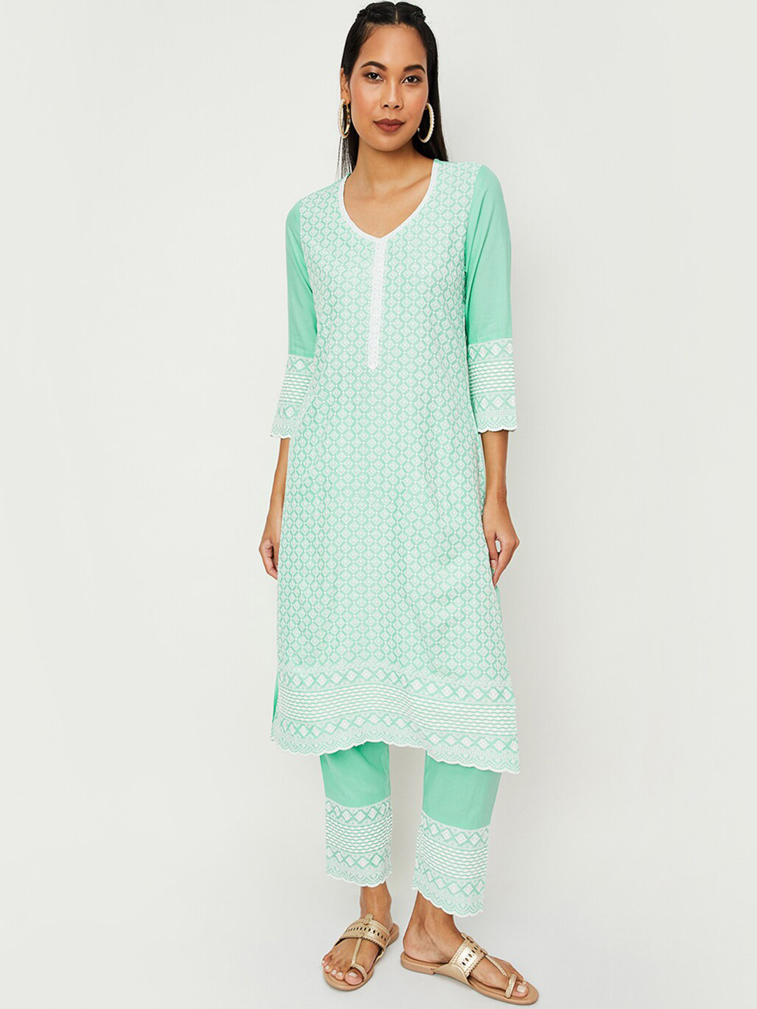 

max Ethnic Motifs Embroidered Regular Kurta With Trousers, Green