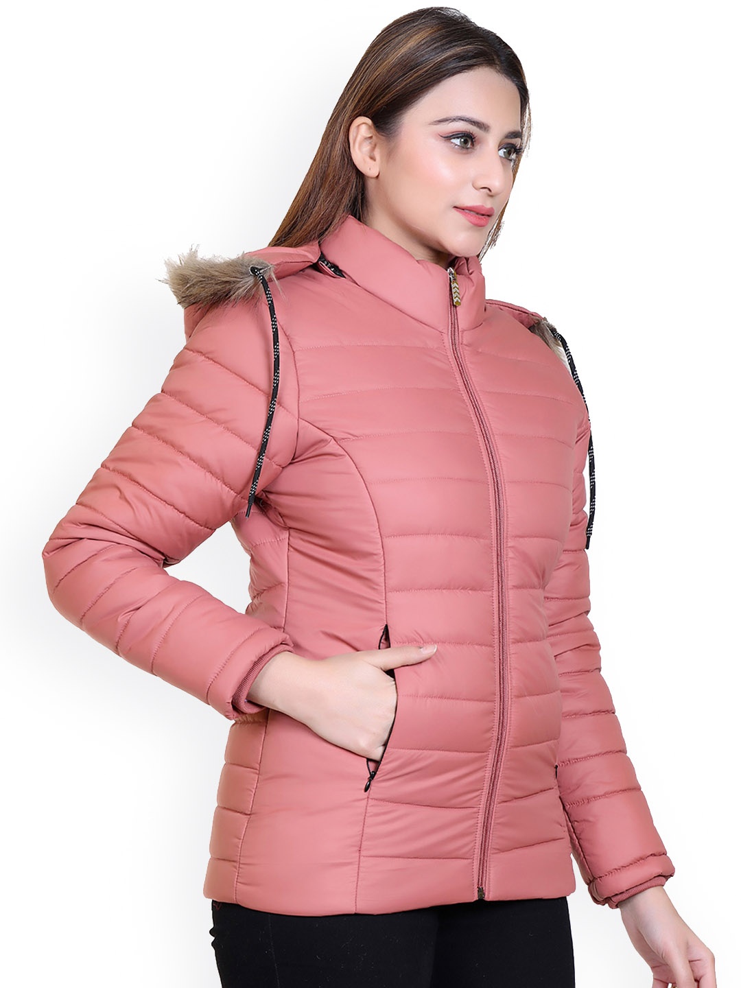 

Brazo Faux Fur Detail Lightweight Longline Puffer Jacket, Peach