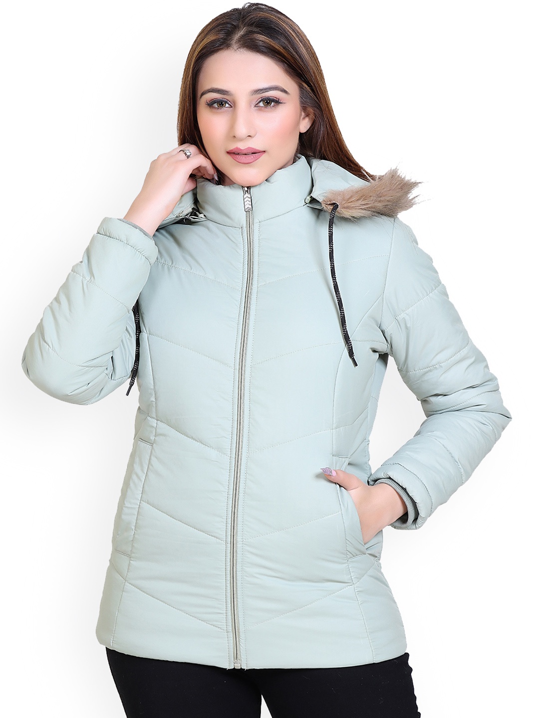 

Brazo Faux Fur Detail Lightweight Puffer Jacket, Sea green