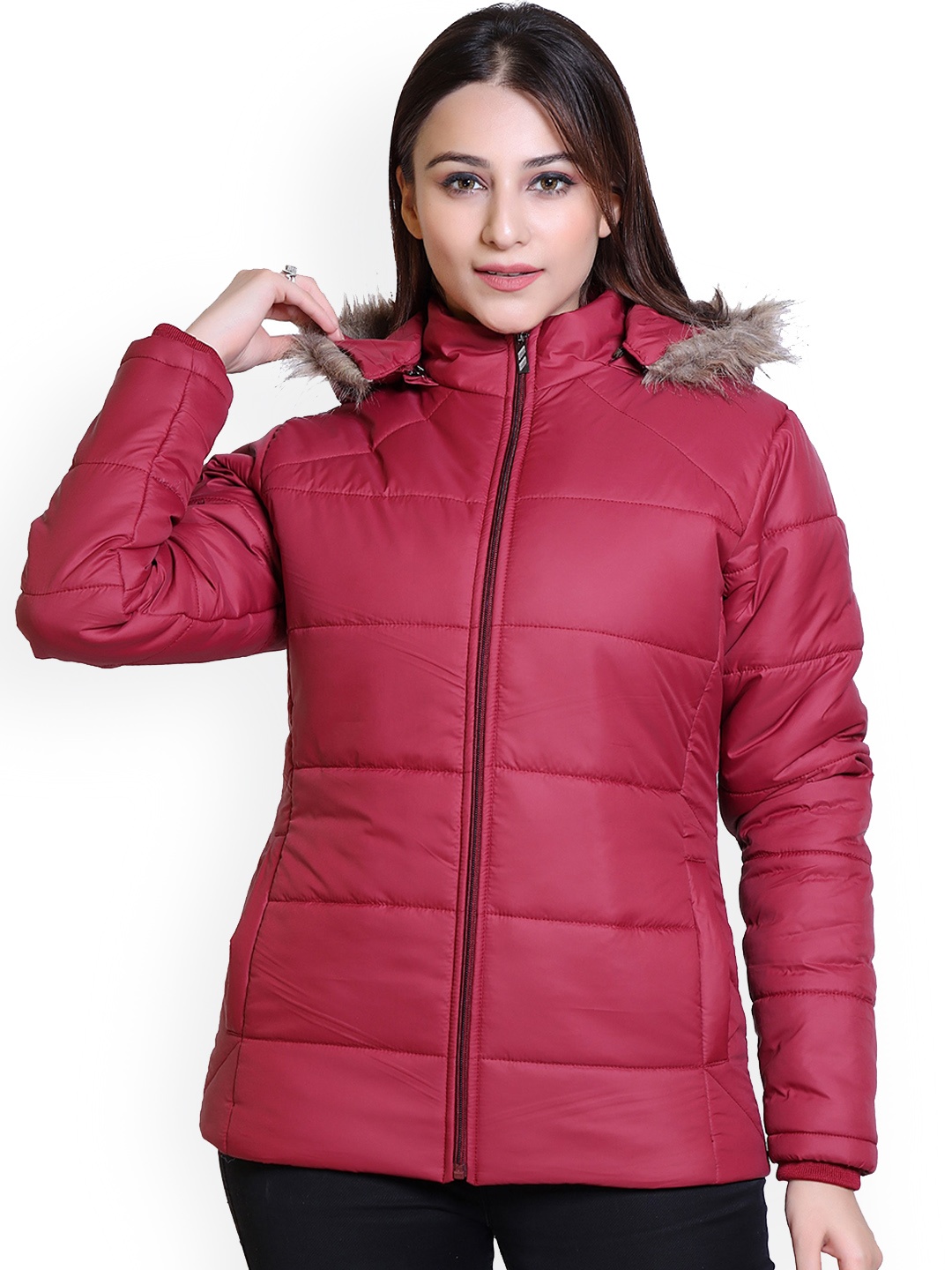 

Brazo Hooded Lightweight Longline Parka Jacket With Faux Fur Trim, Maroon