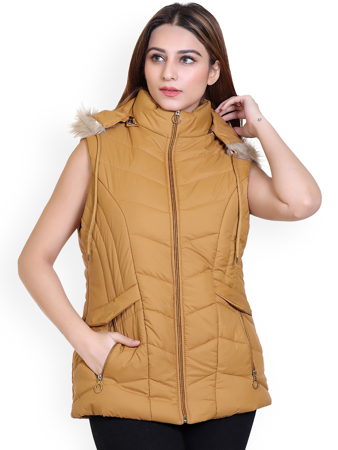 

Brazo Hooded Sleeveless Lightweight Longline Parka Jacket With Faux Fur Trim, Mustard