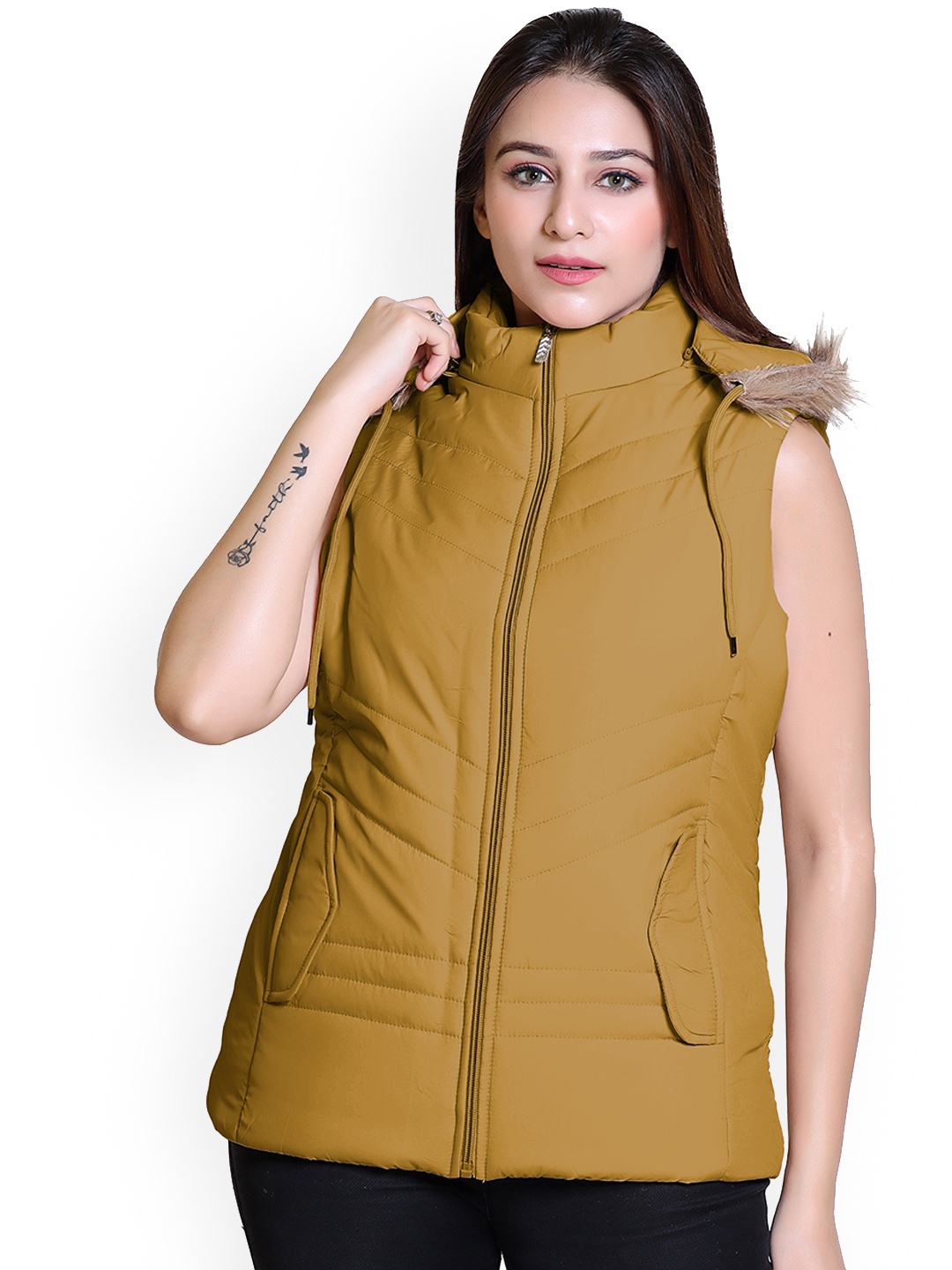 

Brazo Hooded Sleeveless Lightweight Longline Parka Jacket With Faux Fur Trim, Mustard