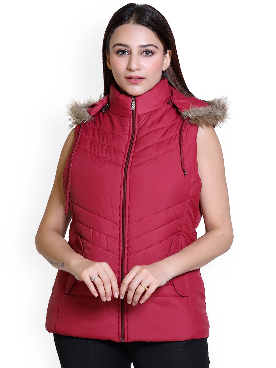 

Brazo Hooded Sleeveless Lightweight Longline Parka Jacket With Faux Fur Trim, Maroon