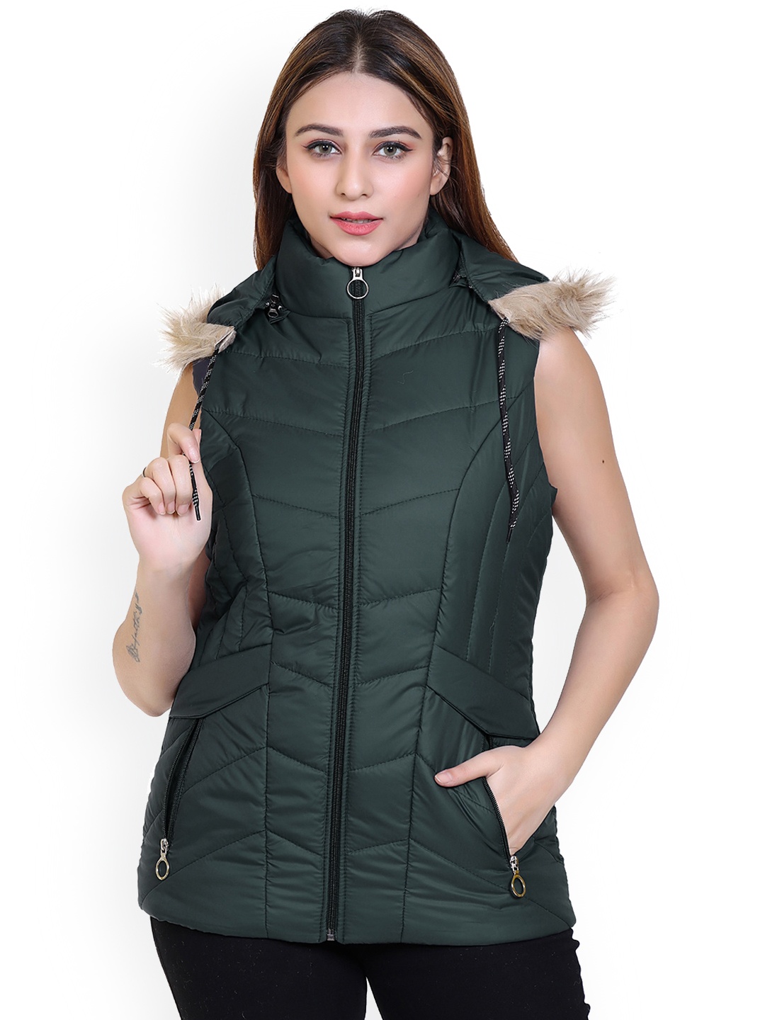 

Brazo Hooded Sleeveless Lightweight Longline Parka Jacket With Faux Fur Trim, Olive