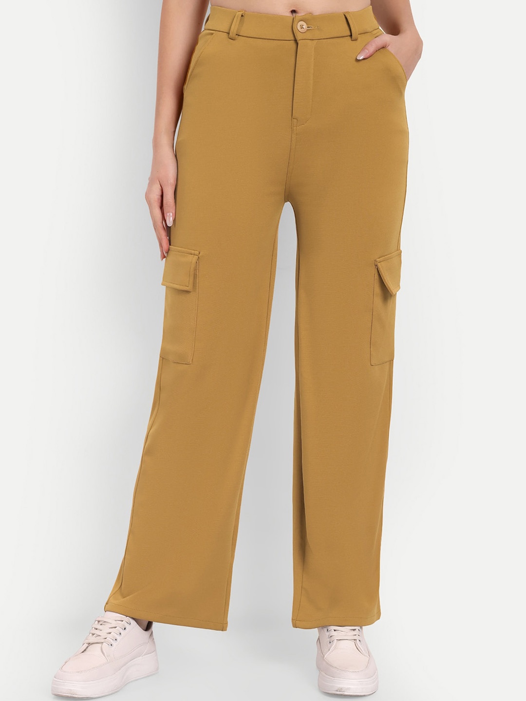 

Next One Women Smart Straight Fit High-Rise Easy Wash Cargos Trousers, Mustard