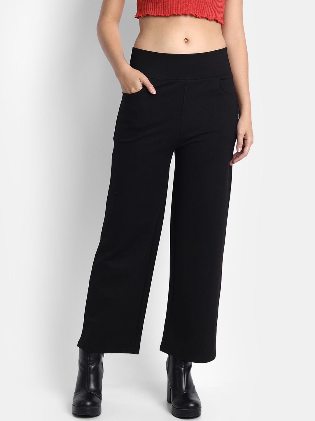 

Next One Women Smart Straight Fit High-Rise Easy Wash Parallel Trousers, Black