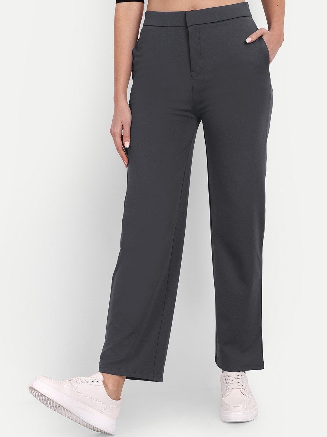 

Next One Women Smart Straight Fit High-Rise Easy Wash Parallel Trousers, Grey