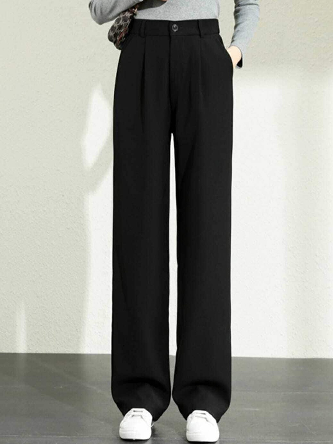 

Next One Women Smart Loose Fit High-Rise Easy Wash Pleated Parallel Trousers, Black