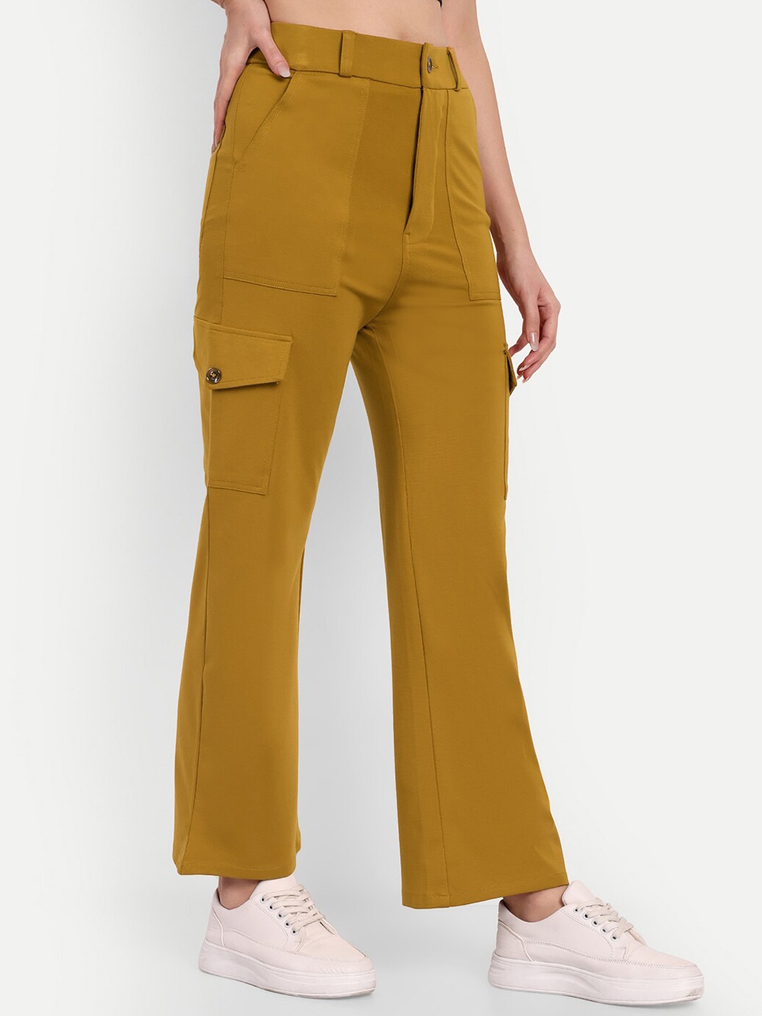 

Next One Women Smart Straight Fit High-Rise Easy Wash Cargos Trousers, Mustard