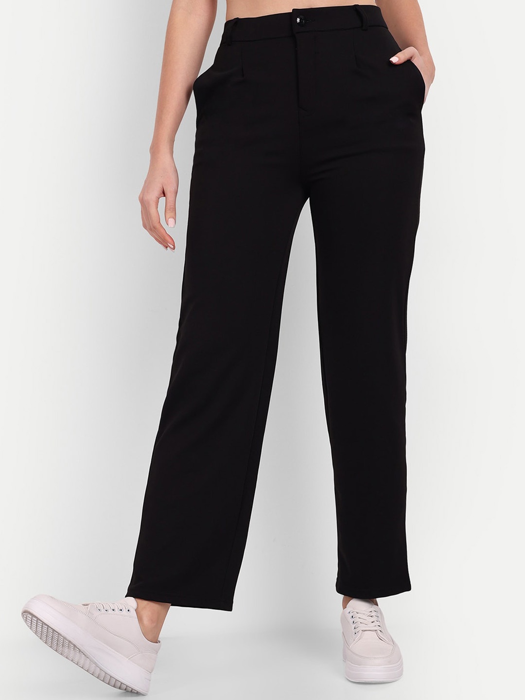 

Next One Women Smart Straight Fit High-Rise Easy Wash Trousers, Black