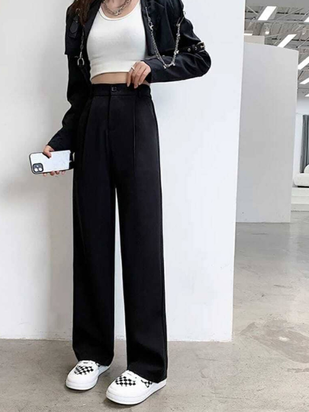 

Next One Women Smart Loose Fit High-Rise Easy Wash Trousers, Black