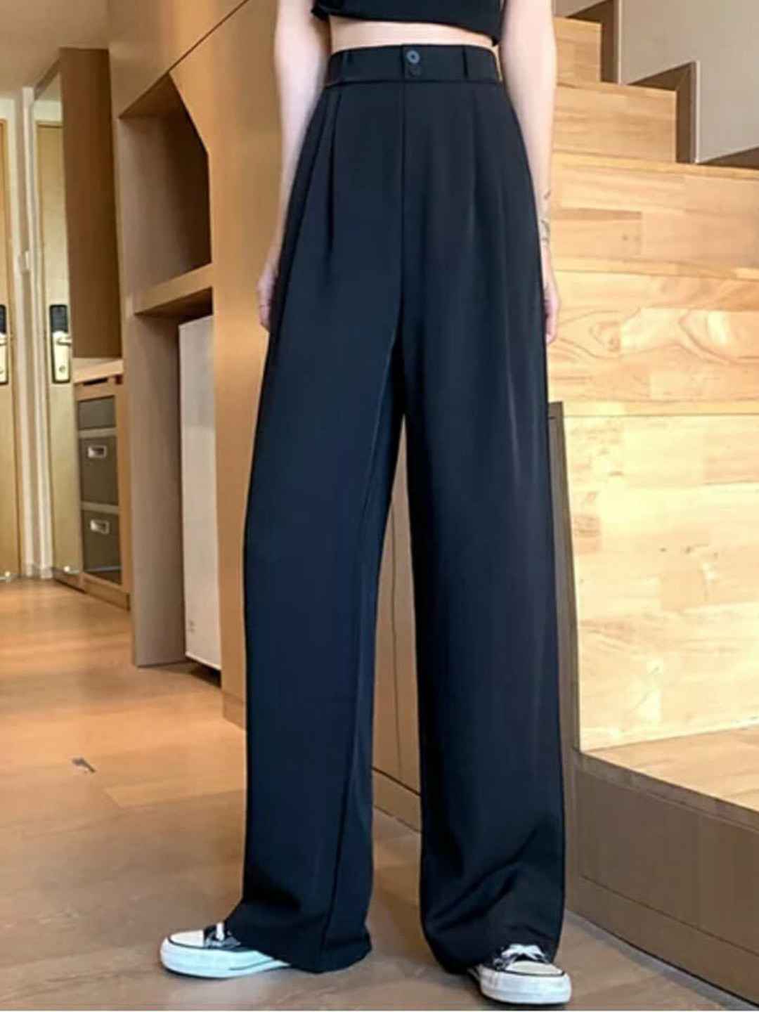

Next One Women Smart Loose Fit High-Rise Easy Wash Parallel Trousers, Black