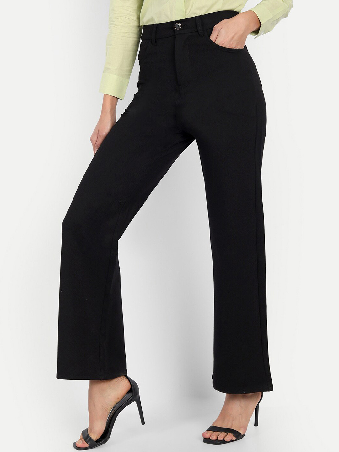 

Next One Women Cotton Smart Straight Fit High-Rise Easy Wash Parallel Trousers, Black