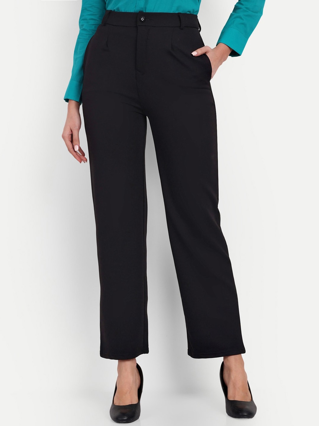 

Next One Women Smart Straight Fit High-Rise Easy Wash Trousers, Black