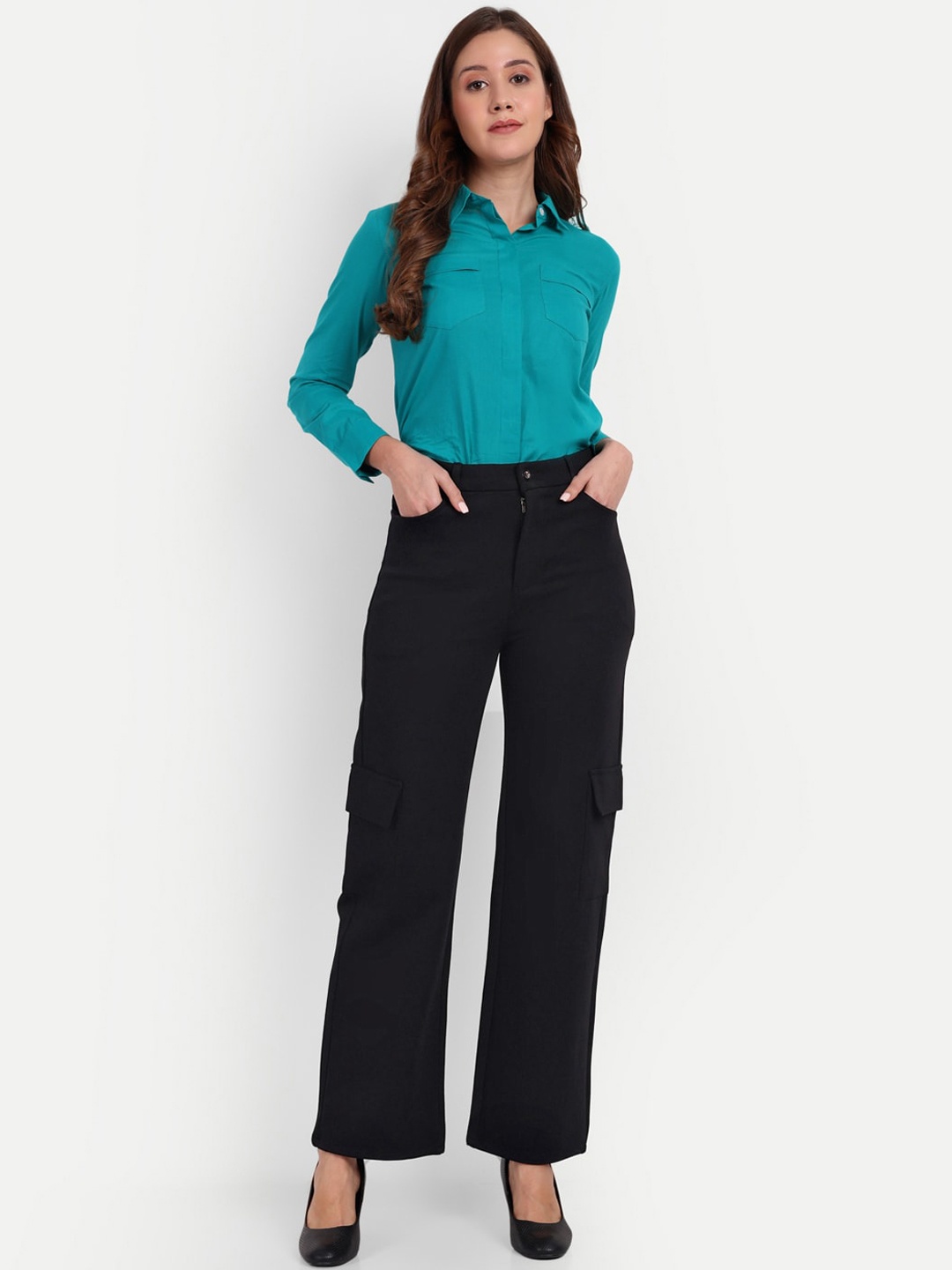 

Next One Women Smart Straight Fit High-Rise Easy Wash Cargo Trousers, Black
