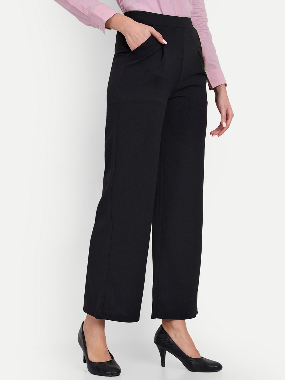 

Next One Women Smart Loose Fit High-Rise Easy Wash Formal Trousers, Black