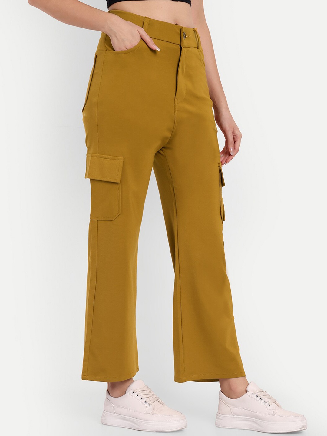

Next One Women Smart Straight Fit High-Rise Easy Wash Cargo Trousers, Mustard