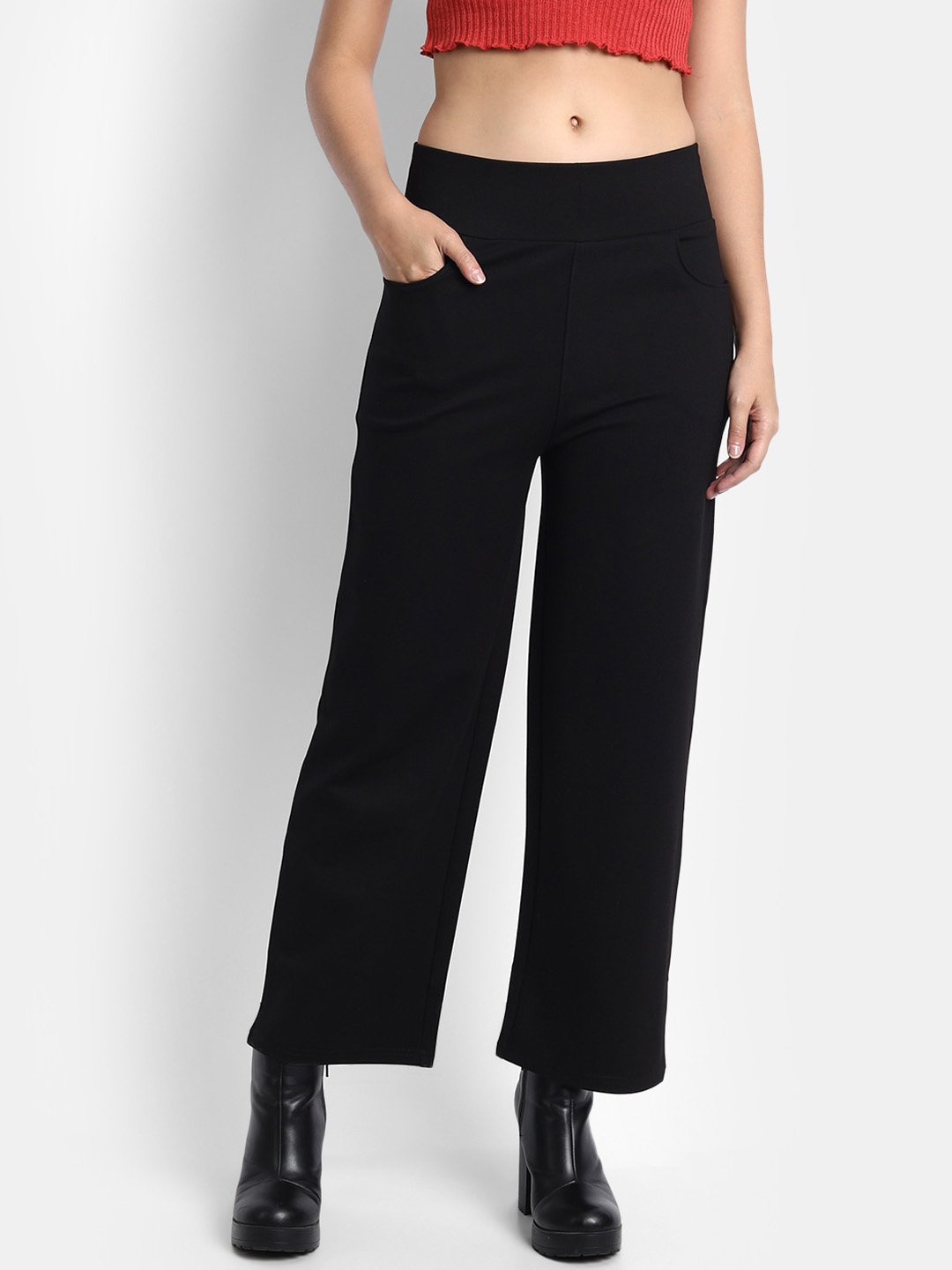 

Next One Women Smart Straight Fit High-Rise Easy Wash Parallel Trousers, Black