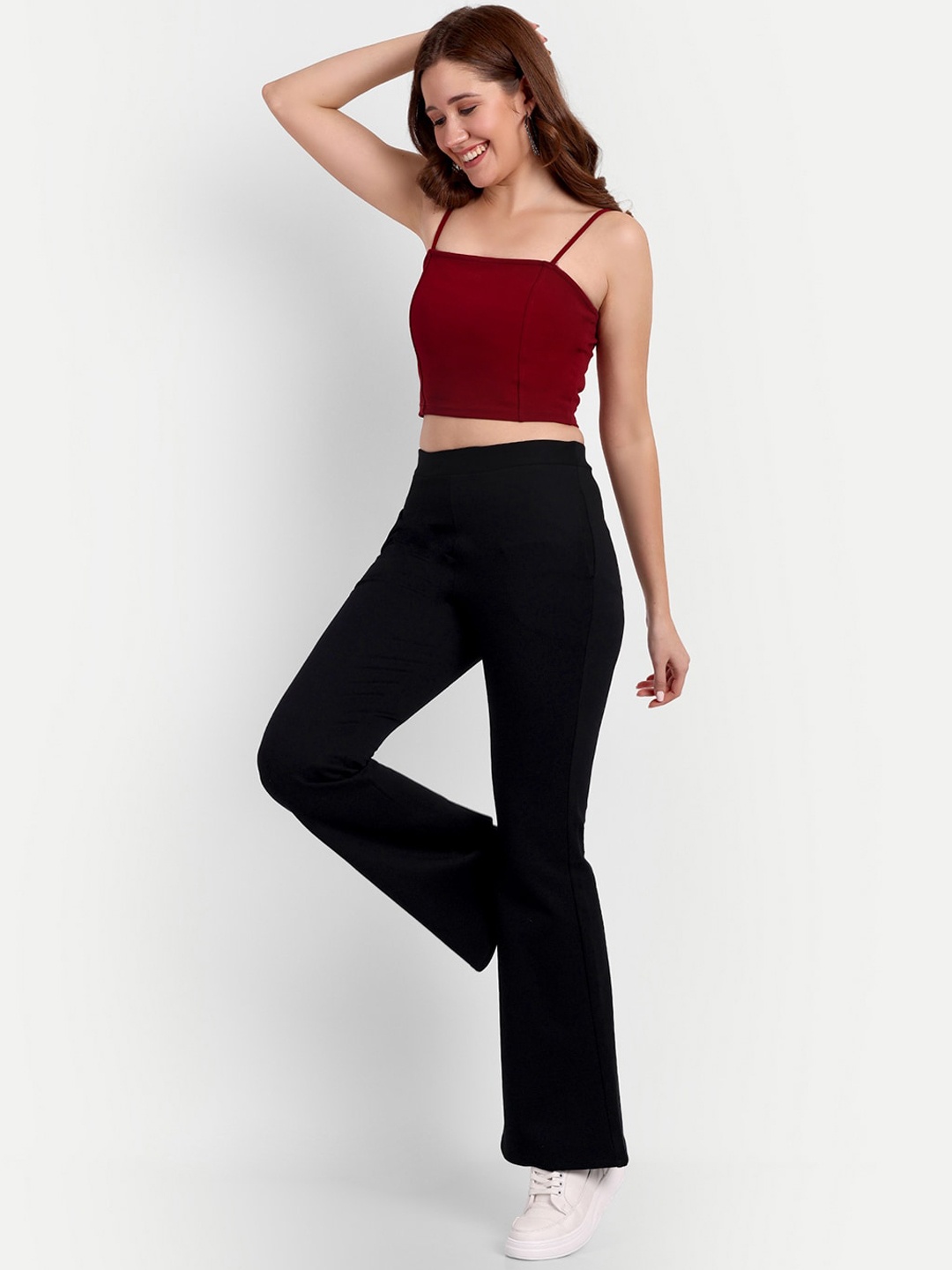 

Next One Women Smart Flared High-Rise Easy Wash Cotton Bootcut Trousers, Black