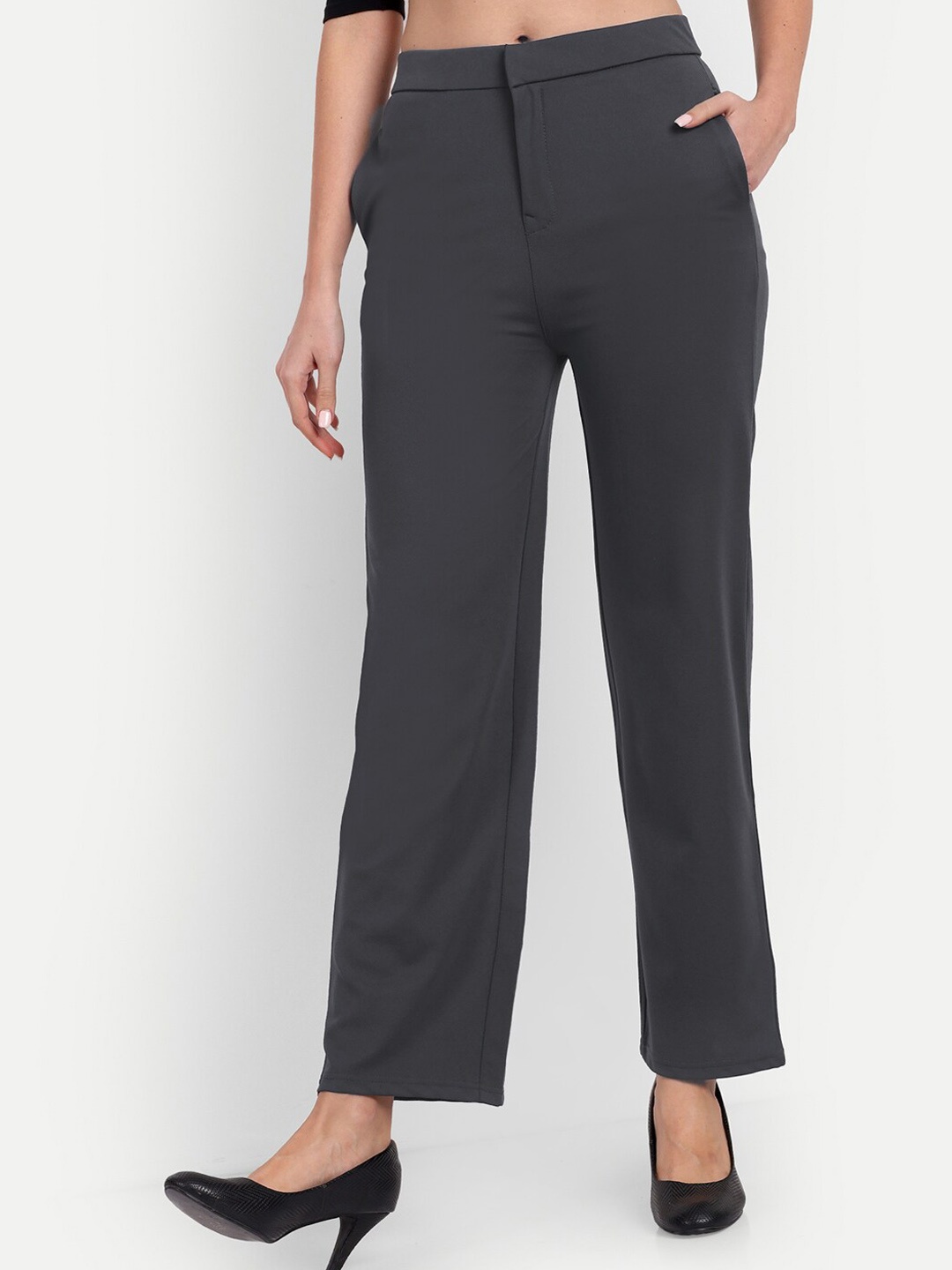 

Next One Women Smart Straight Fit High-Rise Easy Wash Trousers, Grey