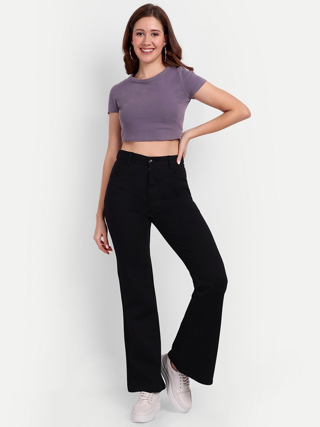 

Next One Women Smart Flared High-Rise Easy Wash Trousers, Black