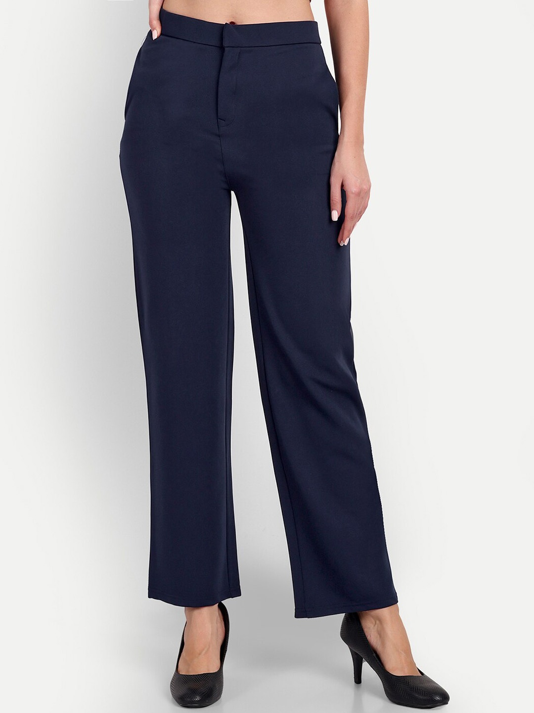 

Next One Women Smart Straight Fit High-Rise Easy Wash Trousers, Navy blue