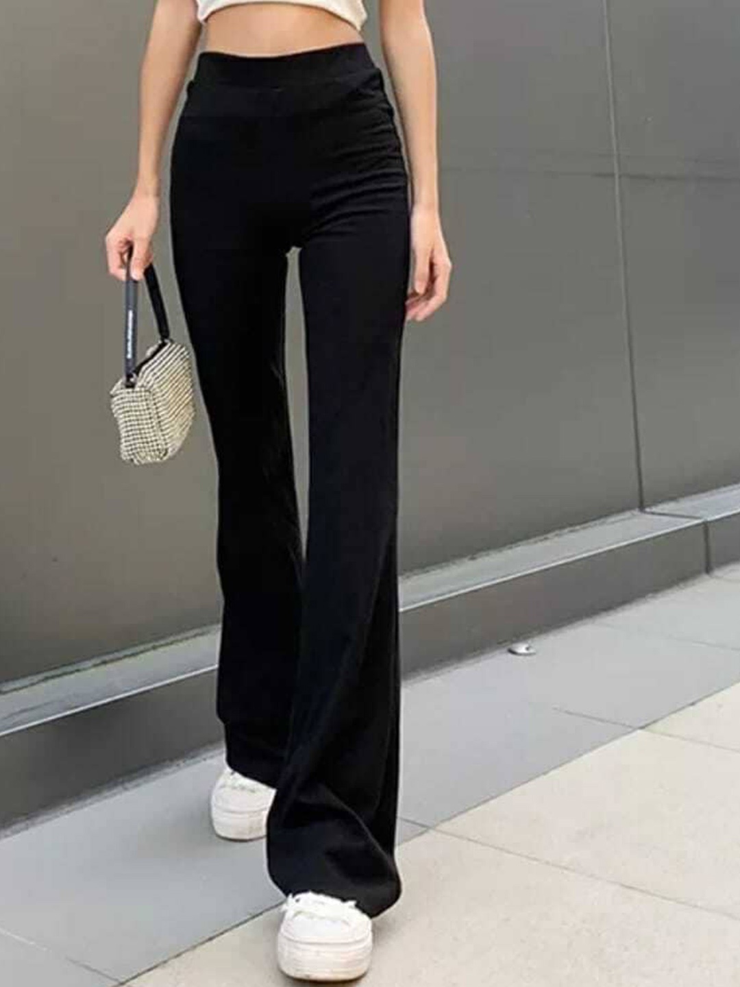 

Next One Women Smart Flared High-Rise Easy Wash Trousers, Black