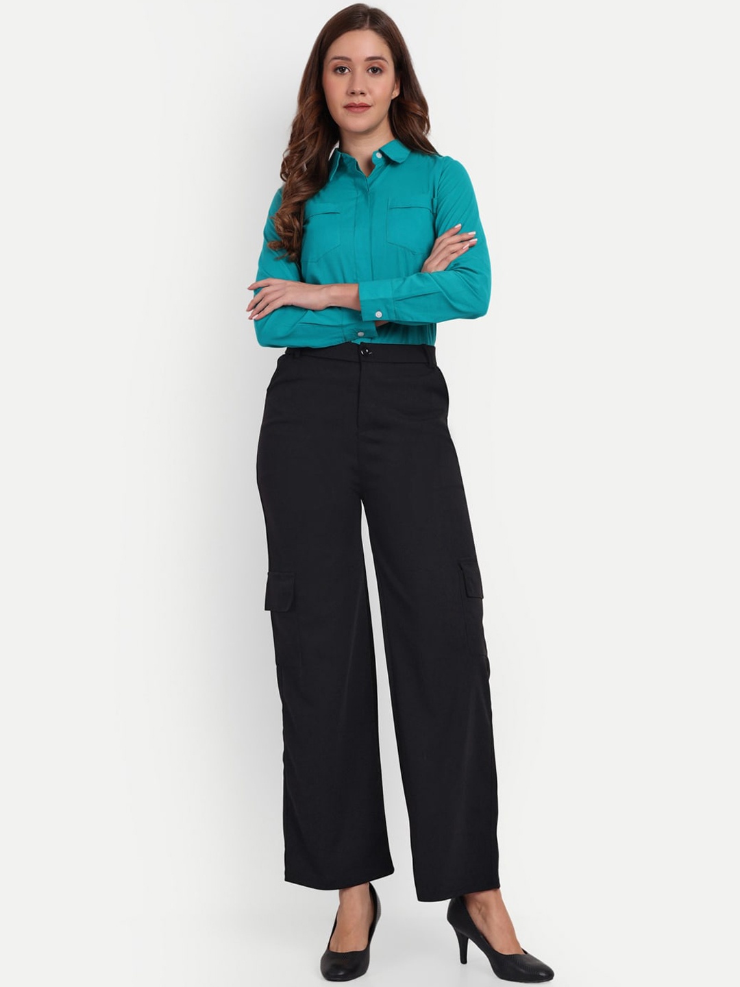 

Next One Women Smart Loose Fit High-Rise Easy Wash Cargos, Black