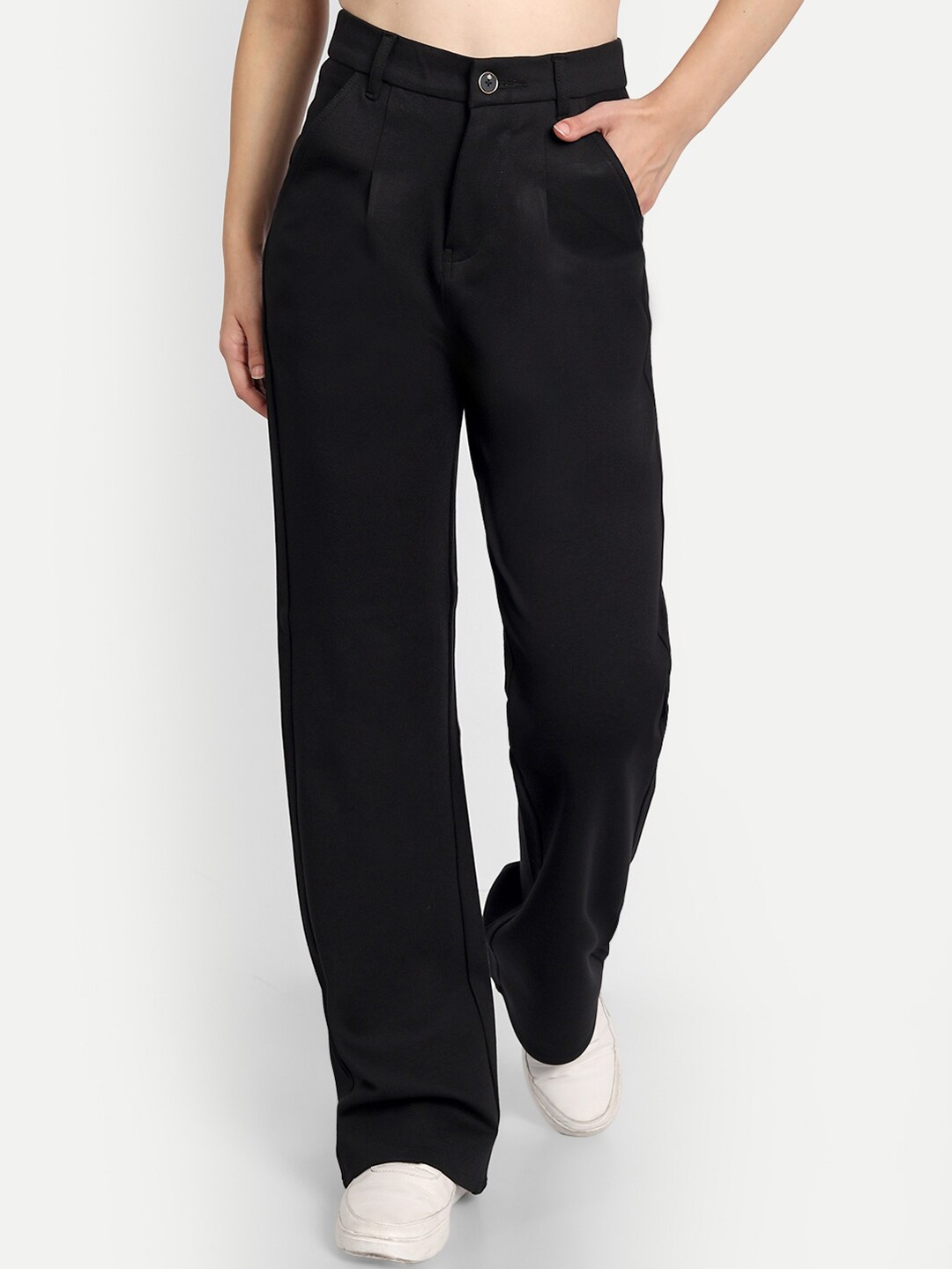 

Next One Women Smart Loose Fit High-Rise Easy Wash Pleated Parallel Trousers, Black