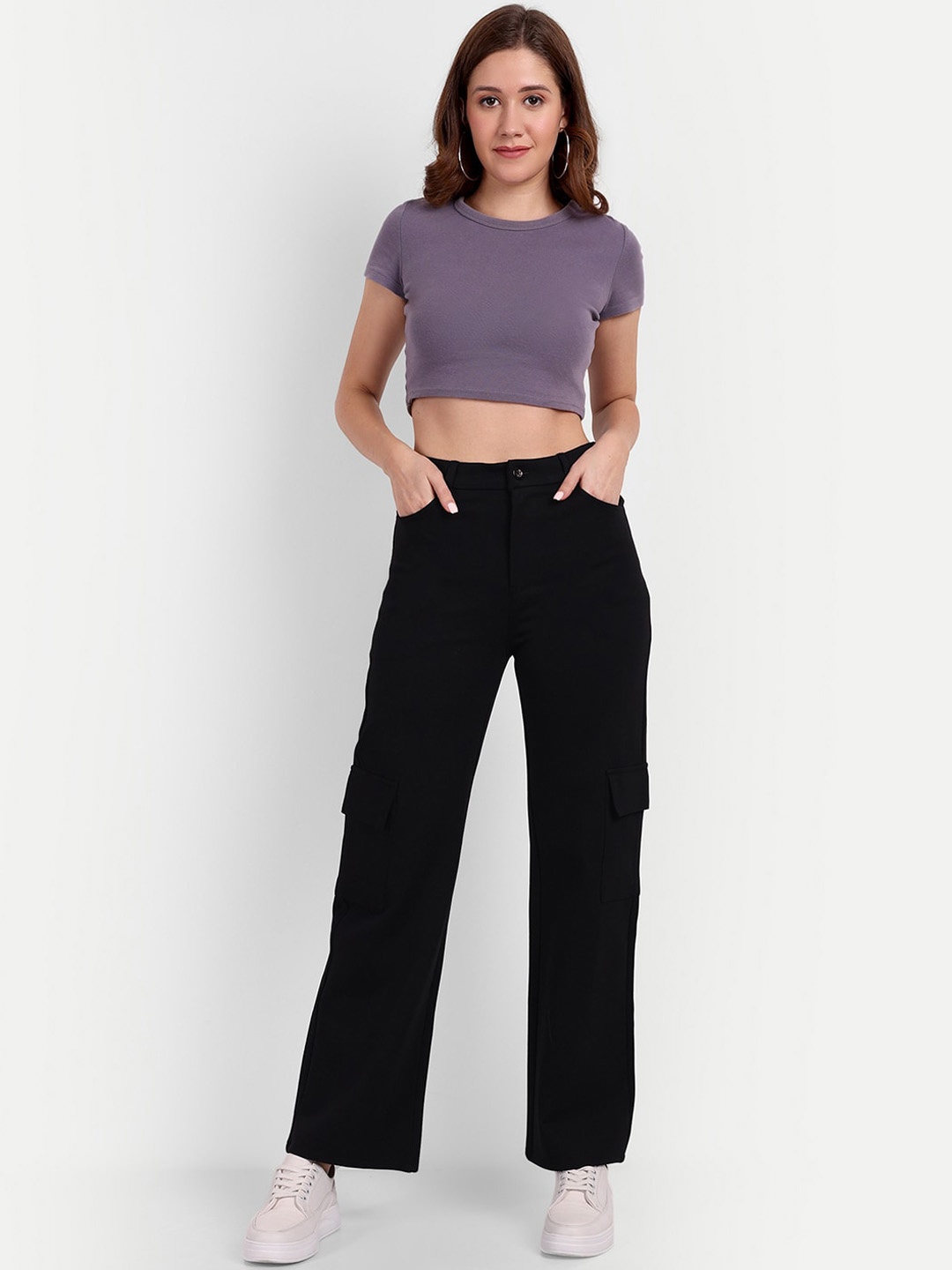 

Next One Women Smart Loose Fit High-Rise Easy Wash Cargos, Black