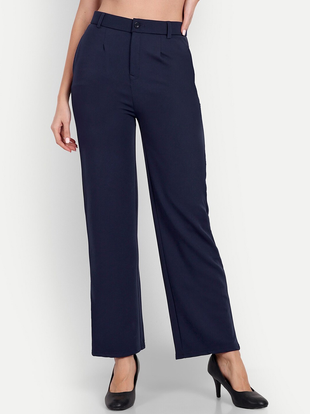 

Next One Women Smart Straight Fit High-Rise Stretchable Easy Wash Trousers, Navy blue