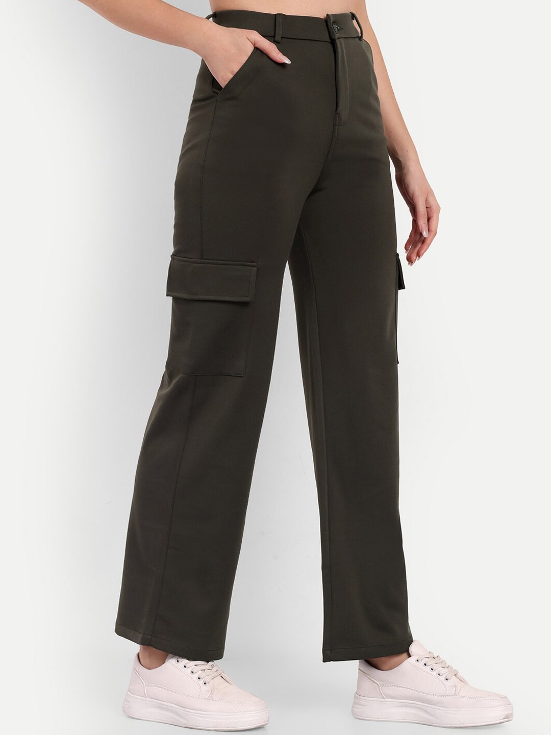 

Next One Women Smart Straight Fit High-Rise Easy Wash Cargo Trousers, Olive