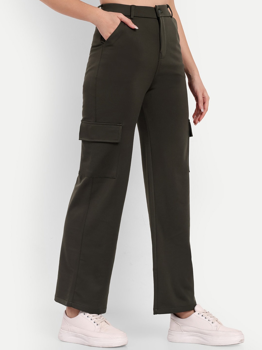 

Next One Women Smart Straight Fit High-Rise Easy Wash Cargos Trousers, Olive