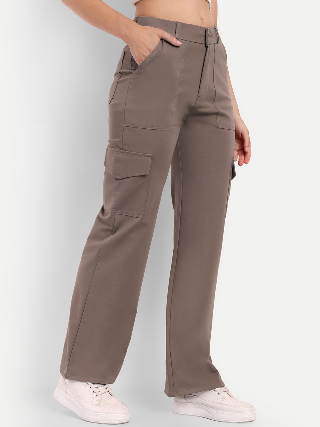 

Next One Women Smart Straight Fit High-Rise Easy Wash Cargo Trousers, Brown