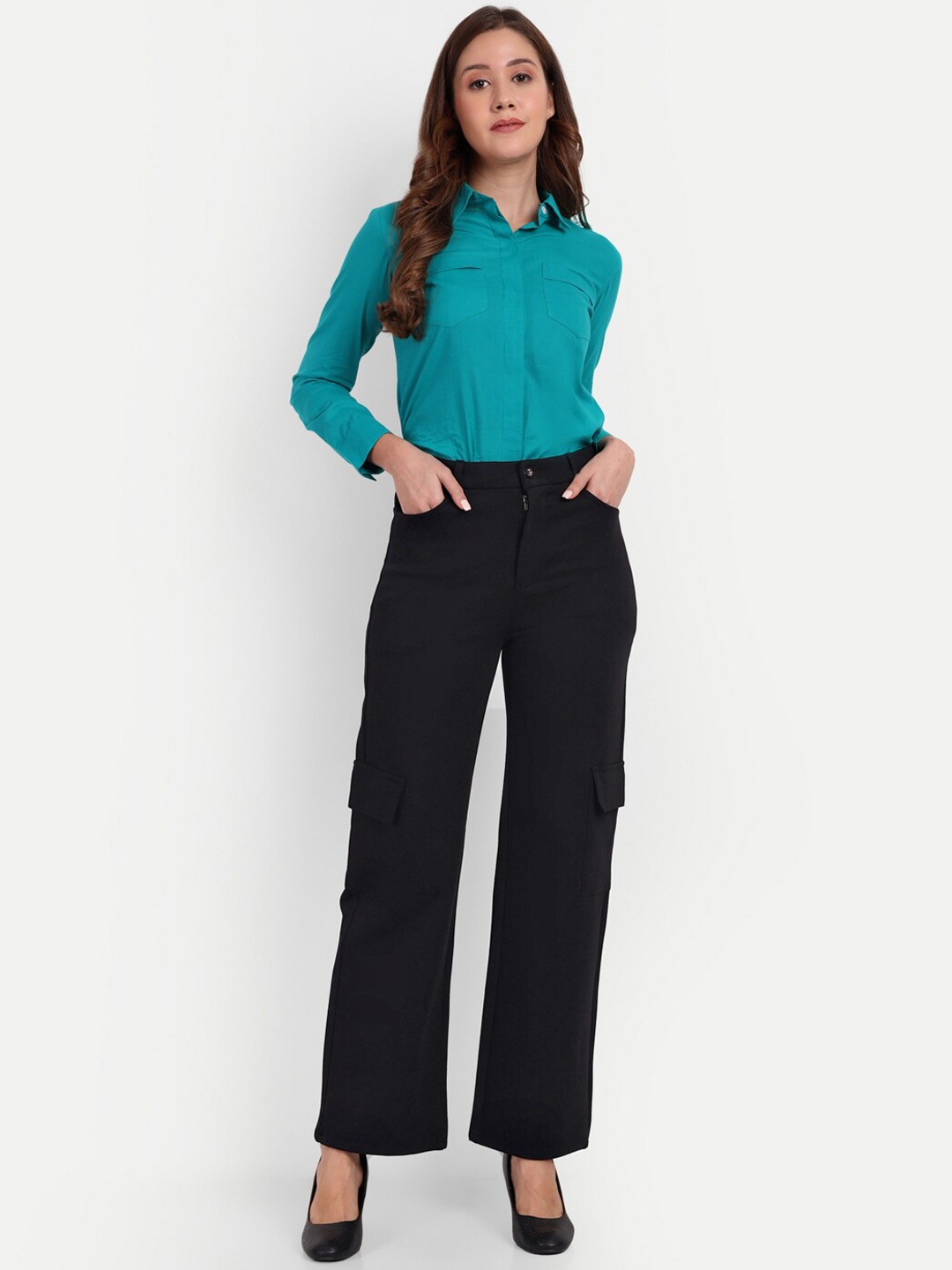 

Next One Women Smart Loose Fit High-Rise Easy Wash Cargos Trousers, Black