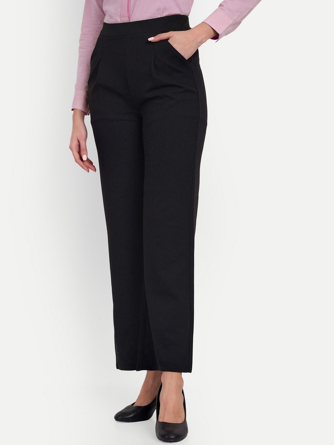 

Next One Women Smart Loose Fit High-Rise Easy Wash Pleated Trousers, Black