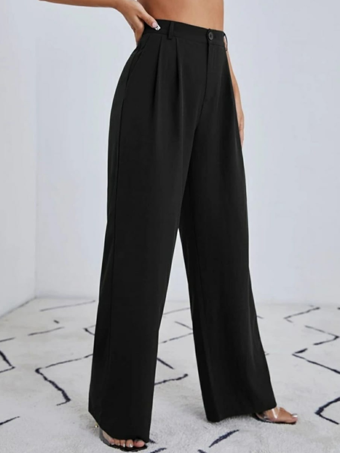 

Next One Women Smart Loose Fit High-Rise Easy Wash Pleated Trousers, Black