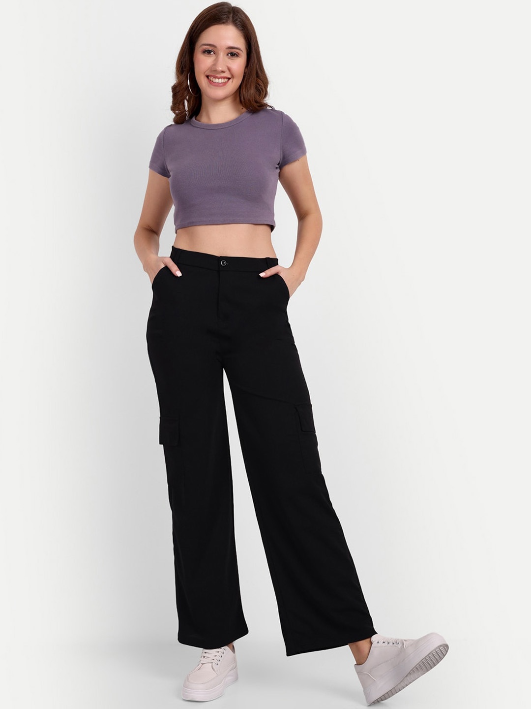 

Next One Women Smart Loose Fit High-Rise Easy Wash Cargo Trousers, Black