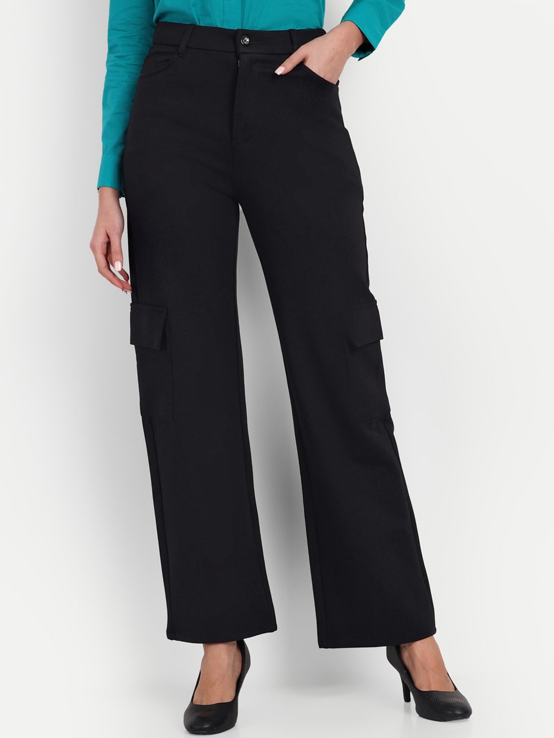 

Next One Women Smart Loose Fit High-Rise Easy Wash Cargos Trousers, Black