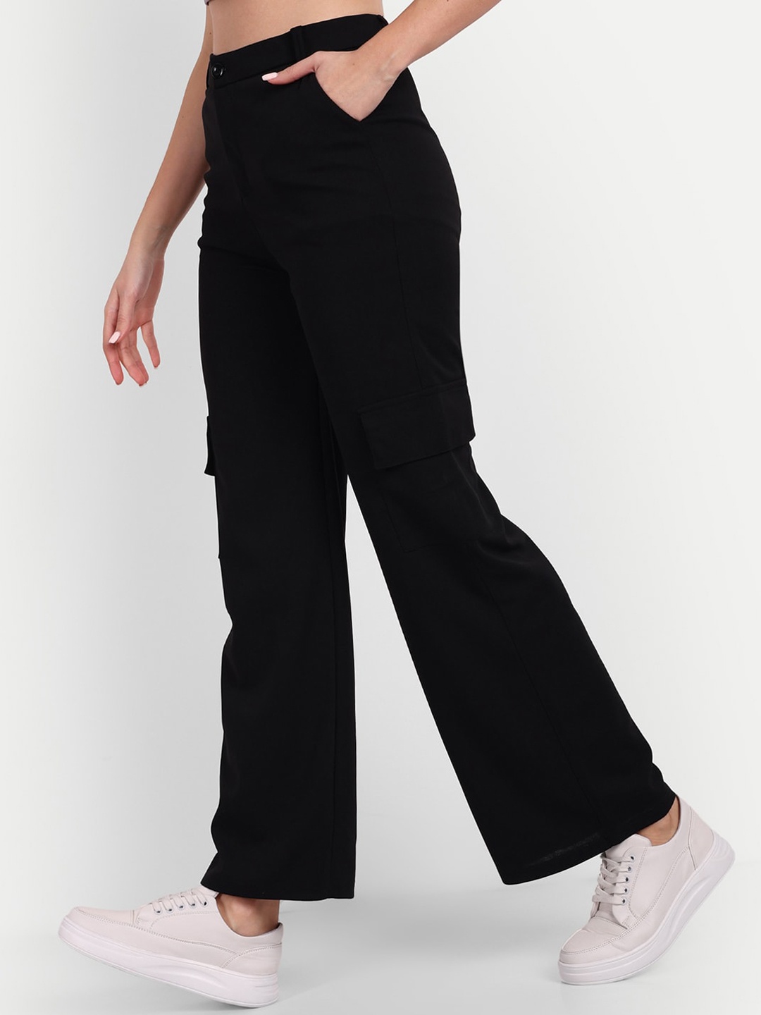 

Next One Women Smart Loose Fit High-Rise Easy Wash Carogo Trousers, Black