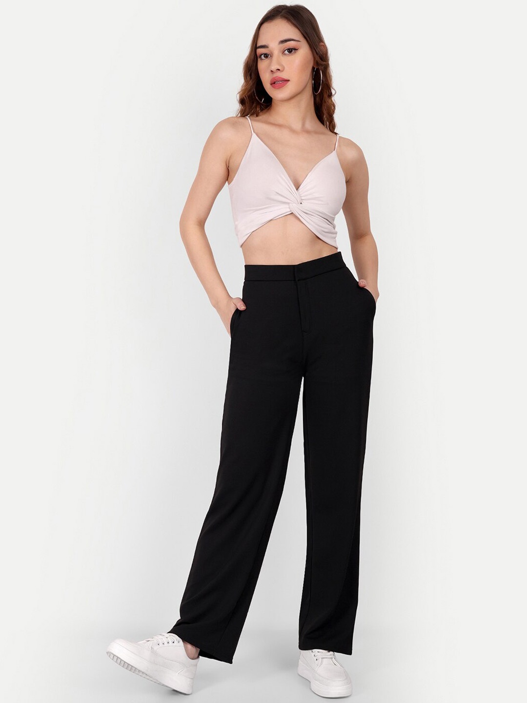 

Next One Women Smart Straight Fit High-Rise Easy Wash Chinos Trousers, Black