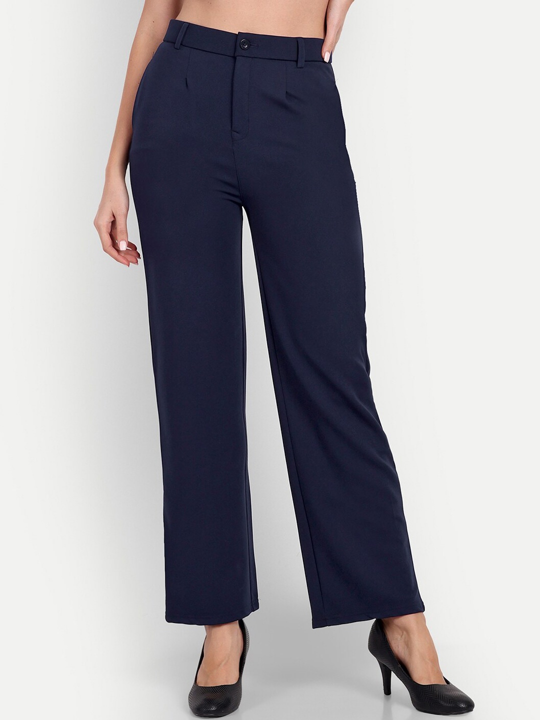 

Next One Women Smart Straight Fit High-Rise Easy Wash Trousers, Navy blue