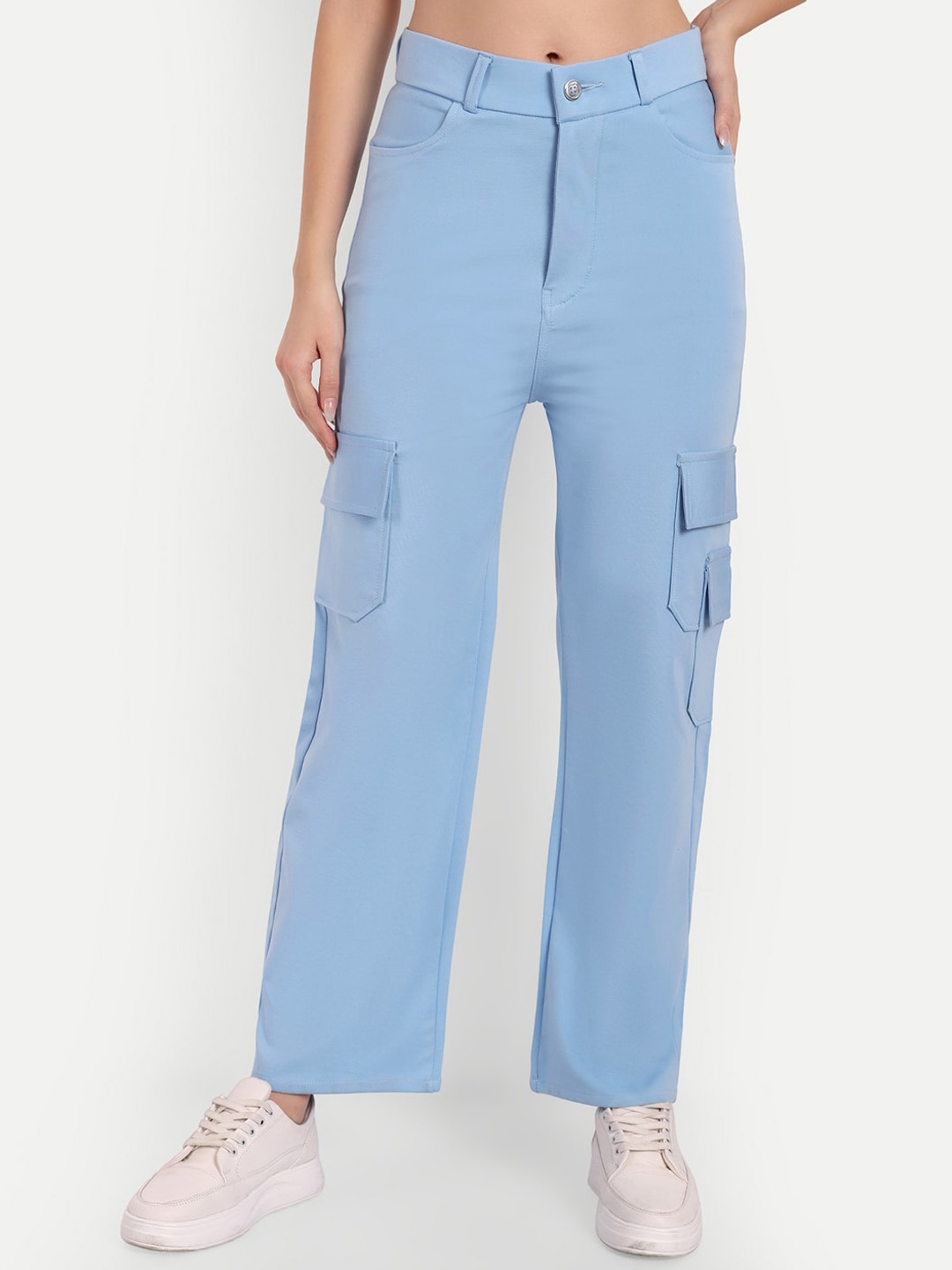 

Next One Women Smart Straight Fit High-Rise Easy Wash Cargos Trousers, Blue