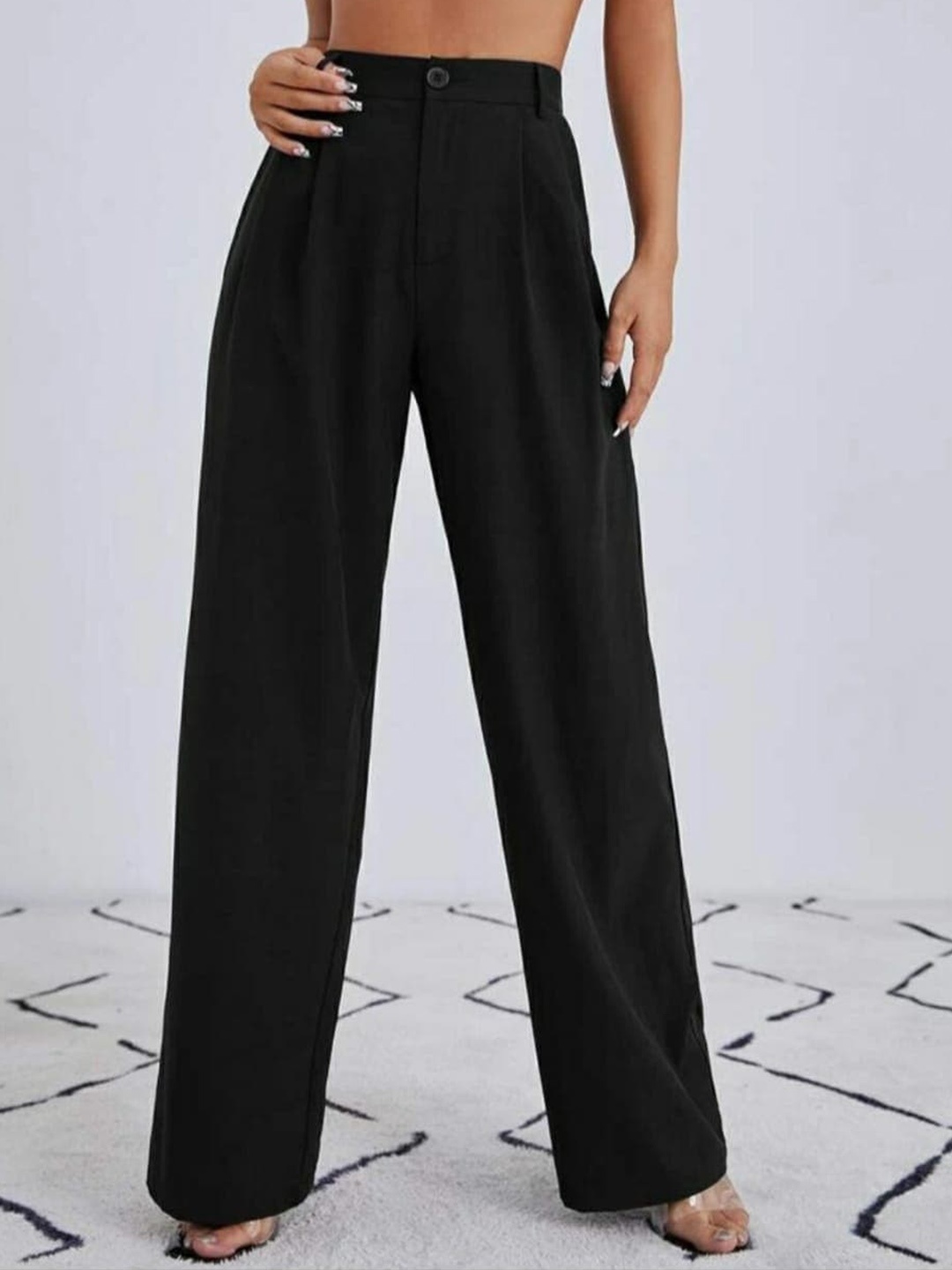 

Next One Women Smart Loose Fit High-Rise Easy Wash Parallel Trousers, Black