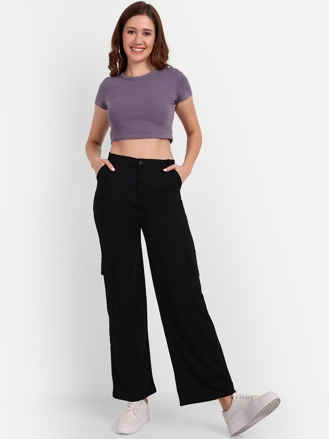 

Next One Women Smart Straight Fit High-Rise Easy Wash Cargo Trousers, Black