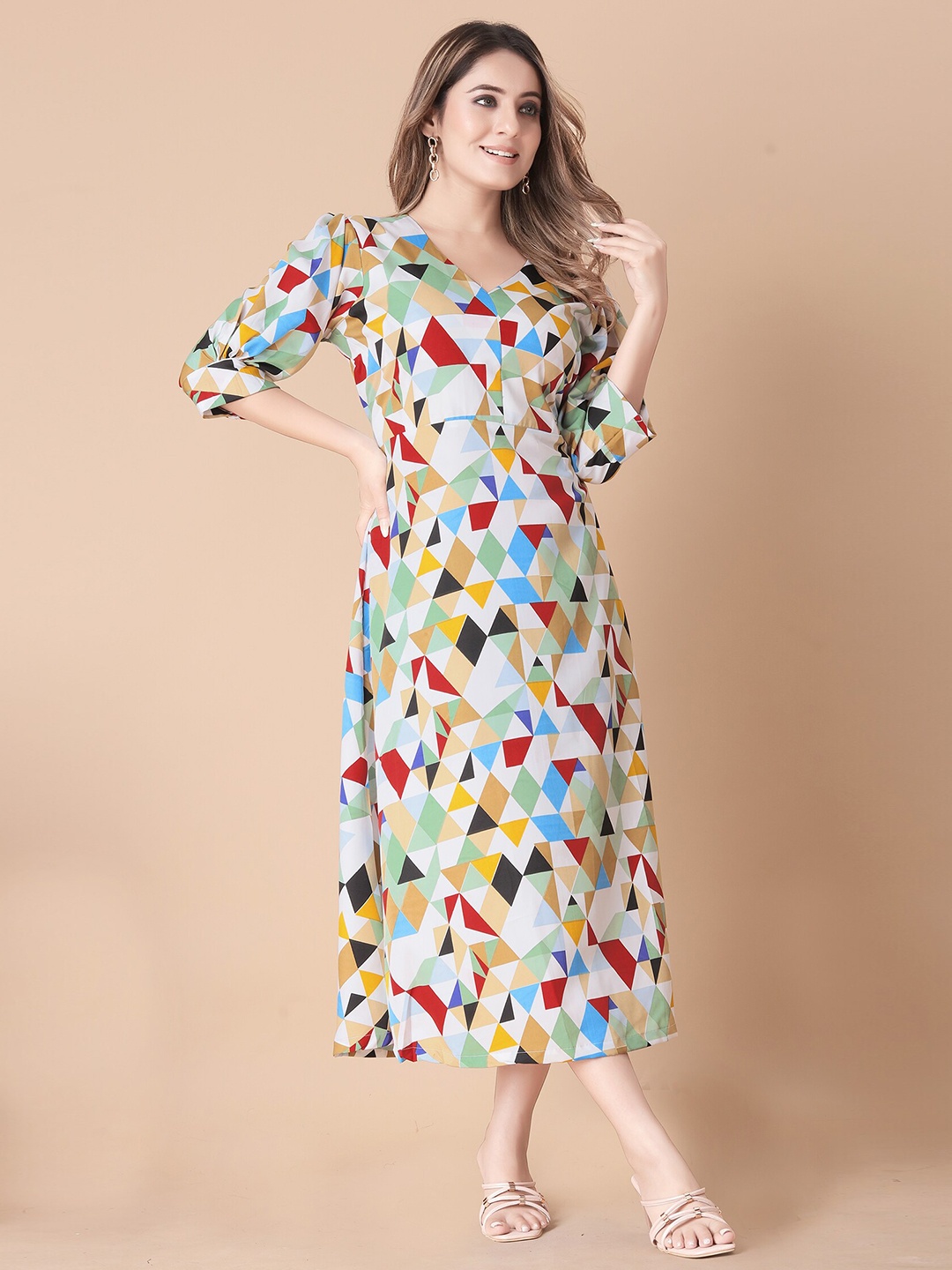 

N N ENTERPRISE Geometric Printed V-Neck Puff Sleeves A-Line Midi Dress, White
