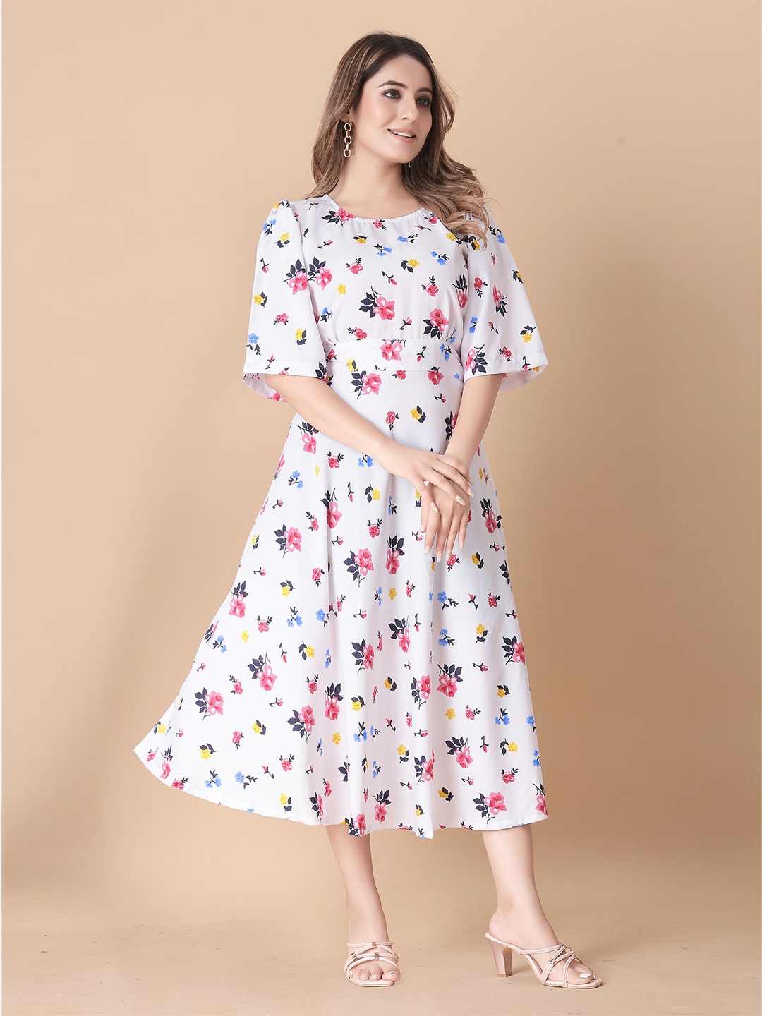 

N N ENTERPRISE Floral Printed Flared Sleeves A-Line Midi Dress, White